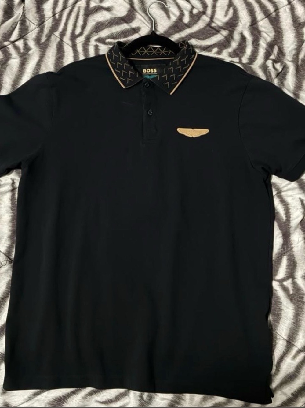 BOSS Black Polo with Gold Trim and ASTON MARTIN Embroidered Crest